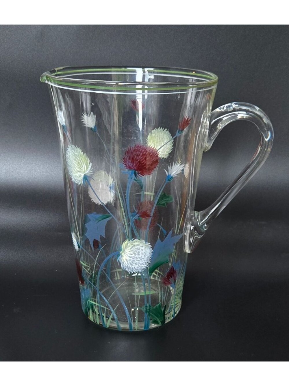 Vintage 1940s Glass Pitcher w/Hand Painted Clover, Floral Pitcher, Czech Glass,